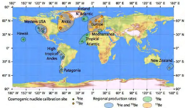 Figure 2 - Global map showing the distribution of the calibration sites for  3 He and