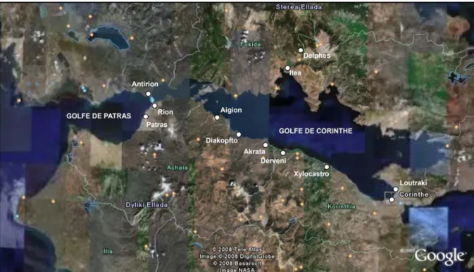 Figure 1.5 : Vue satellite du Golfe de Corinthe. Le pont Rion-Antirion se distingue entre le Golfe de  Corinthe à l’Est et le Golfe de Patras à l’Ouest