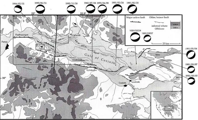 Figure 1.7 : Localisation des principaux séismes du Golfe de Corinthe depuis 1965 (1965, 1970 :  Baker  et al., 1997 ; 1981, 1984 : Taymaz et al., 1990 ; 1992 : Bernard et al., 1997 ; les mécanismes  sont de Hatzfeld et al., 1996 ; 1995 : Bernard et al., 1