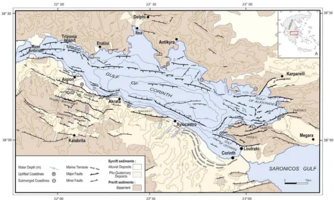 Figure 1.8 : Carte structurale du Golfe de Corinthe, modifiée d’après Armijo et al. (1996), Sakellariou  et al
