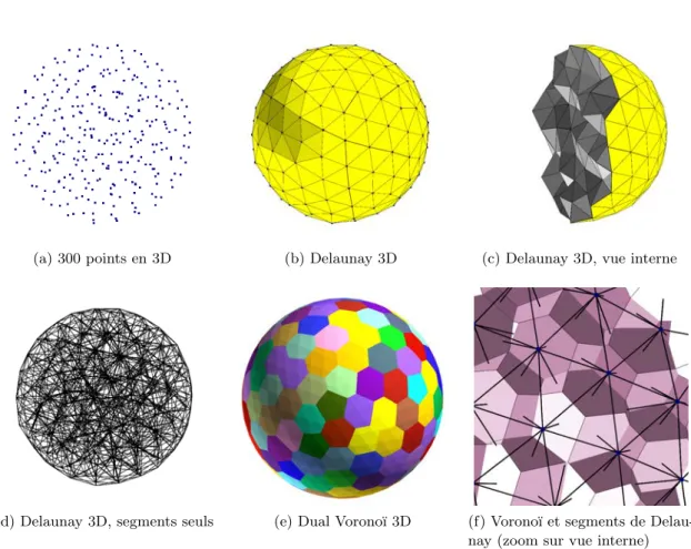 Figure 2.2 – Triangulation de Delaunay et dual de Vorono¨ı pour 300 points dispos´ es dans une sph` ere 3D