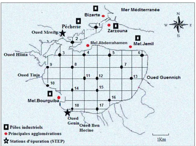 Figure I.1 Répartition des stations de prélèvement et localisation des différentes sources de polluants.