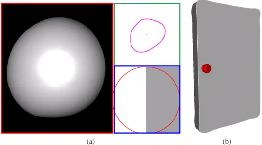 Fig. 1.7: (a) Three different views are used in our system: the 3D view (left frame) that shows the 3D object under construction, the skeleton view (upper-right frame) which shows the outline of the object and its skeleton and, the profile view (bottom-rig