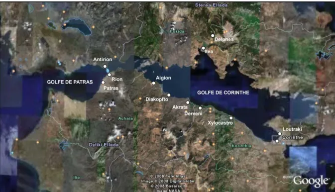 Figure 1.5 : Vue satellite du Golfe de Corinthe. Le pont Rion-Antirion se distingue entre le Golfe de  Corinthe à l’Est et le Golfe de Patras à l’Ouest
