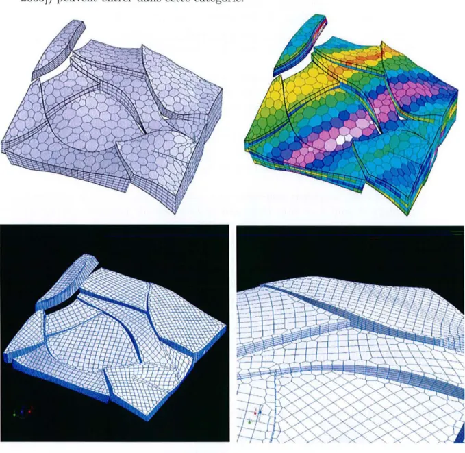 FIG.  1.2  : En  haut,  grille  semi-structurée  con strui te  par  extrusion  rég ulière  depuis  une  s urf ace  polygonale  (à  droi te,  la  g rille  a  été  peinte  avec  une  propriété  défini e  clan s  c h aque  cellule)