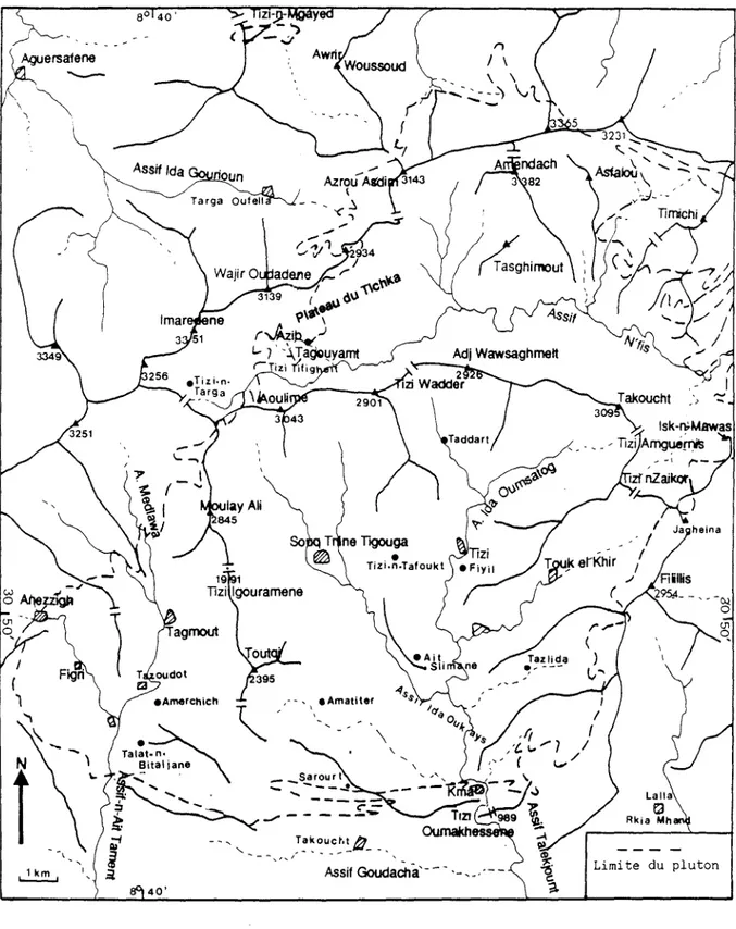 Figure 1.2 - Carte orohydrographique et des principaux villages du Massif du Tichka.