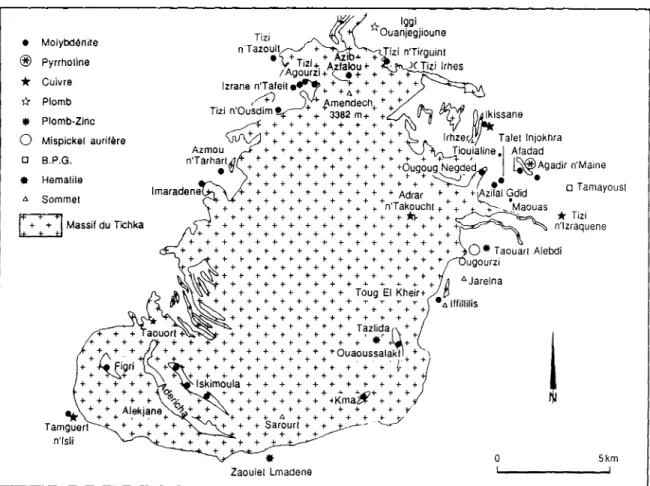 Figure 1.5 - Carte schématique de l'ensemble des gîtes métallifères du Massif du Tichka.