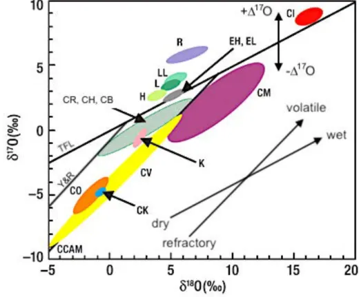 Fig. 1-9 Champs de compositions isotopiques en oxygène des chondrites carbonées, ordinaires  et à enstatites (figure modifiée d’après Grady, 2009)