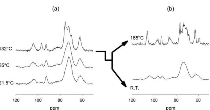 Figure 2.8: 13 C CPMAS spectra during thermal treatment of amorphous lactose obtained by ball milling of crystalline αL.