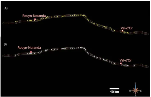 Figure 1-2: A) Distribution of orogenic gold deposits used in the study (yellow dots)  and Cadillac-Larder-Lake fault zone (red line) with 1000 m buffer zone (yellow line)