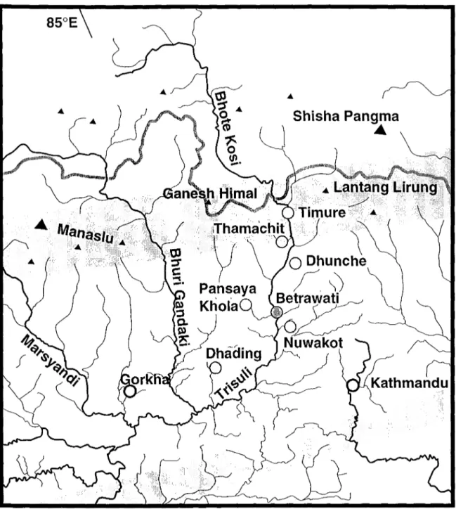 Figure I -7  :  Localisation  des  6  stations  de  la  partie  supérieure  du  bassin  de  la  Trisuli,  au  Népal 