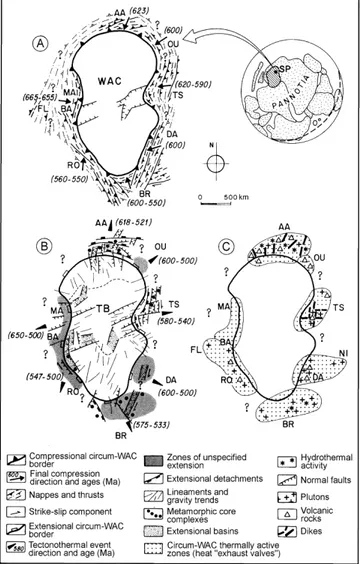 Figure I-12 : Schéma simplifié d'après Doblas et al. (2002) montrant l'évolution du Craton Ouest Africain (WAC) et des chaînes panafricaines durant la transition Néoprotérozoïque-Cambrien