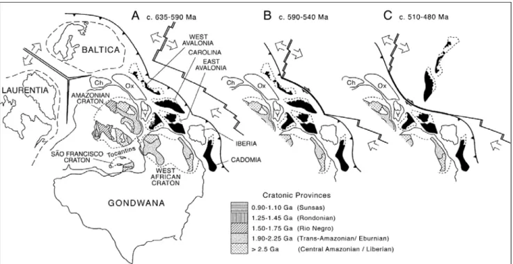 Figure I-14 : Reconstruction géodynamique de la position des terrains péri-Pannotia (péri-Gondwana)  depuis le Néoprotérozoïque moyen à l'Ordovicien