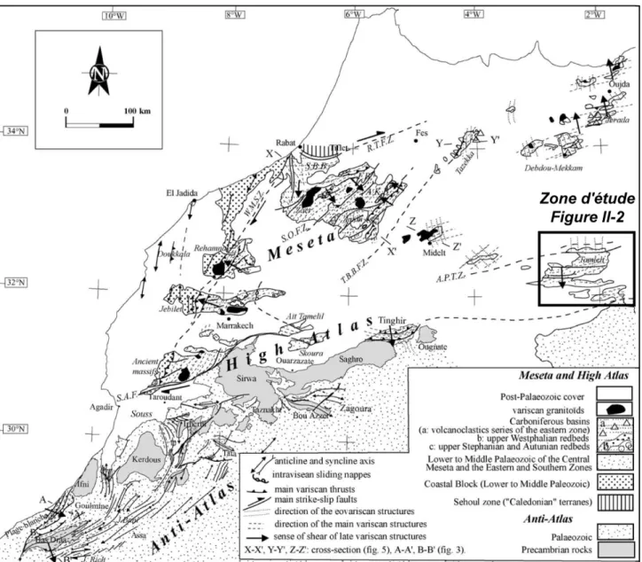 Figure I-16 : Carte structurale des différents domaines paléozoïques du Maroc d'après Hoepffner et al
