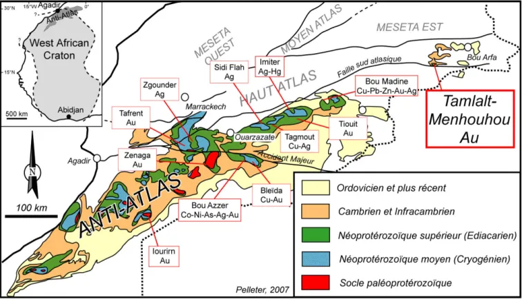 Figure I-23 : Carte de distribution des principales minéralisations dans l'Anti-Atlas 