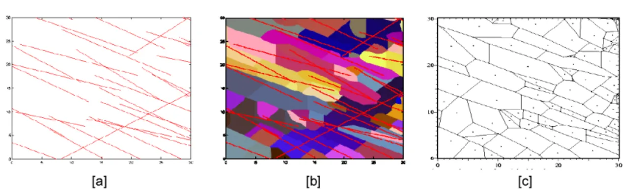 Fig. 2.19 – Maillage 2D d’un milieu fractur´e par un algorithme de traitement d’image : [a] r´eseau de fractures discr`etes, [b] grille pixel de la matrice, [c] maillage polygonal de la matrice (Sarda et al., 2001)