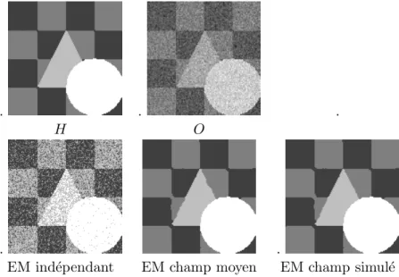 Figure 3.5 – Image damier d´egrad´ee par un bruit gaussien et segmentations fournies par diff´erentes version de l’algorithme EM.