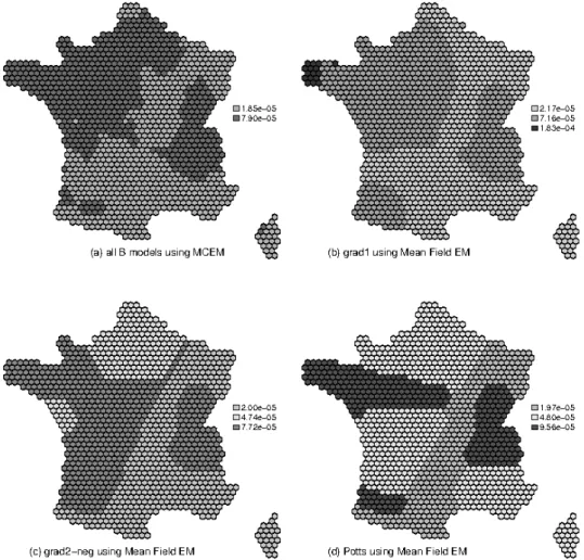Figure 3.9 – Diff´erentes classification du risque d’ESB en fonction du mod`ele de champs de Markov cach´e et de la m´ethode d’estimation utilis´ee : (a) restauration obtenue quelque soit le mod`ele avec estimation par MCEM, (b) et (c) restaurations obtenu