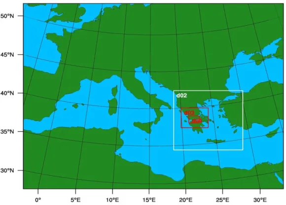 Figure  5-1:  Map  showing  the  four  nested  domains  (d01-d04)  used  for  WRF  weather  re-analysis  over  the  Western GoC