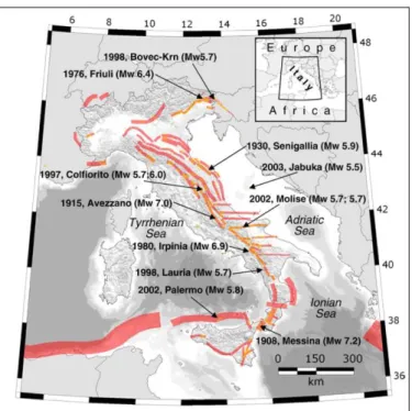 Fig. 1.10 : Carte des zones sources sismogéniques individuelles (jaune) et des aires sismogéniques (rouge) pour l’Italie (DISS,  Basili et al