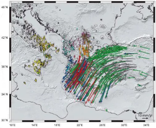 Fig. 2.3 : Synthèse des vitesses GPS provenant de diverses études et les ellipses de confiance (95%) associées (Pérouse et al