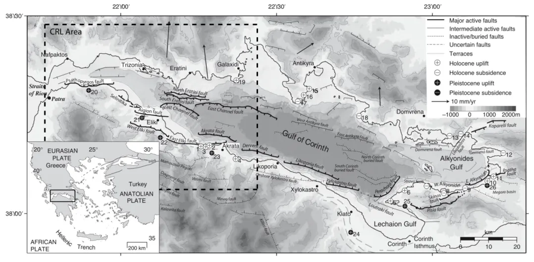 Fig. 2.7 : Carte tectonique et bathymétrique du rift de Corinthe  modifiée d’après Bell et al