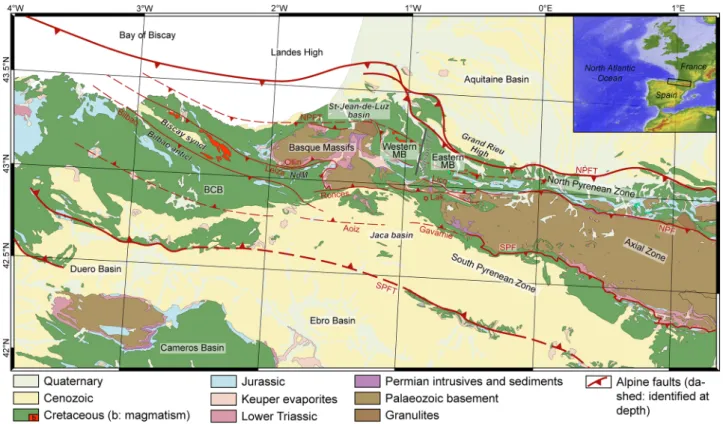 Fig. 1. Geological map of the Pyrenean-Cantabrian system with the main domains and structural units