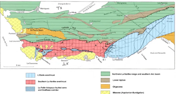 Fig. 1- Geological and structural map of La Nerthe range and Western L’Etoile range (after Guieu 1977,  modified)