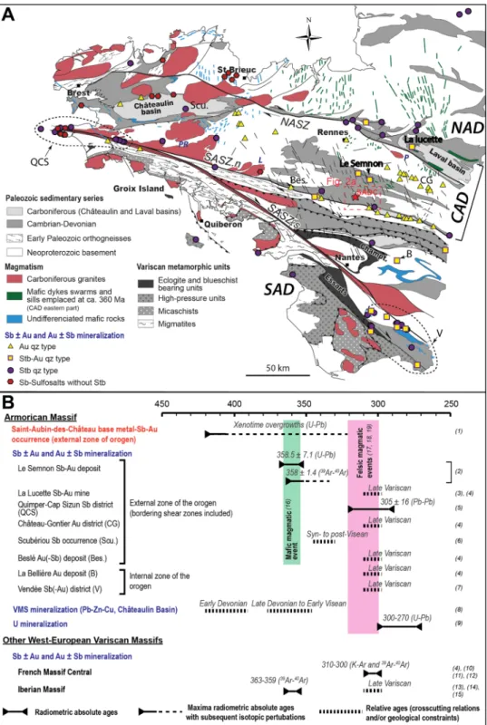 Fig. 1. A. Geological map of the Armorican Massif with location of the different Sb-Au mineralization types