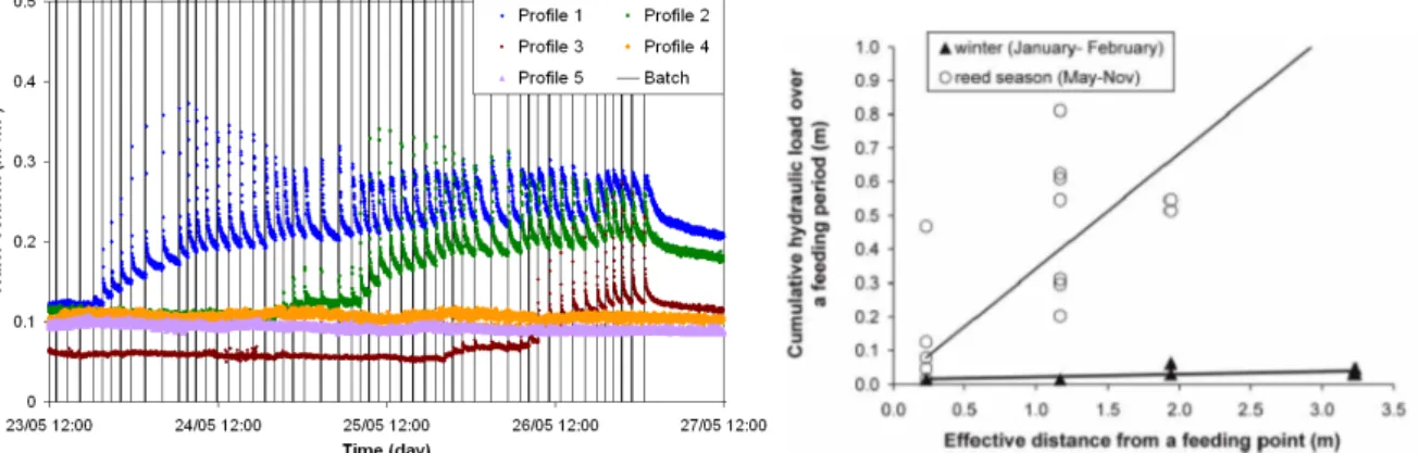 Figure 13 : hétérogénéité horizontale des écoulements par la mesure TDR à différentes distances d’un  point d’alimentation (Arias, 2012) et distance effective de l’infiltration en fonction de la charge  hydraulique journalière reçue par un filtre jeune du 