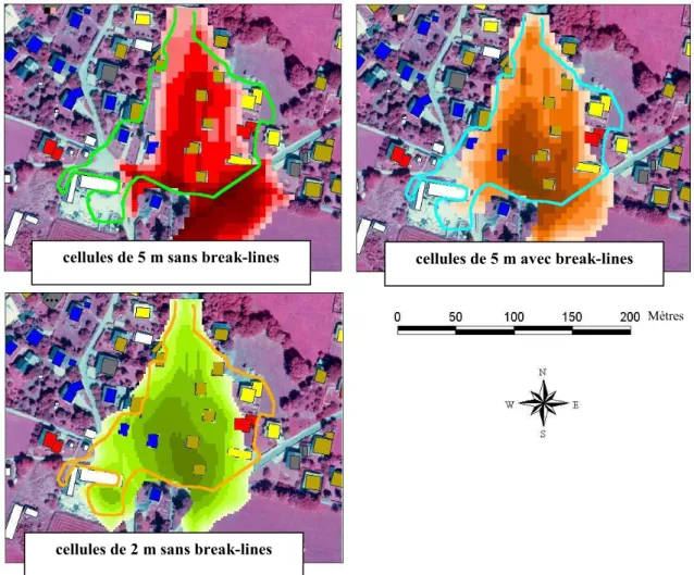 Figure  3.11  Influence  de  la  taille  des  cellules  sur  la  qualité  des  résultats  de  simulation  (Wartschenbach), hypothèses retenues pour la simulation : volume = 23 000 m 3 ,  τ c / ρ  = 1,0 m 2 s -2 , K/ τ c