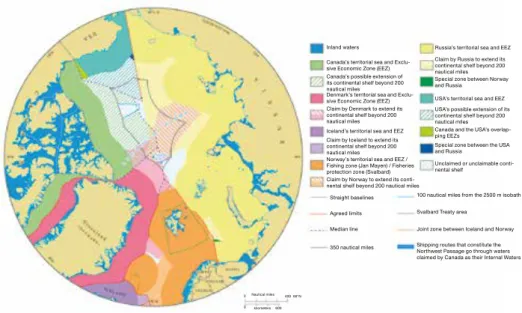 Fig. 2 –  Jurisdictional conflicts around the Arctic Ocean. © IBRU, Durham University, UK