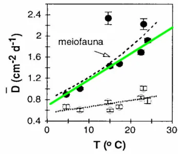 Figure 11: La température influe sur la diffusion (D) par cm 2  par jour (d), via l ’activité de la méïofaune