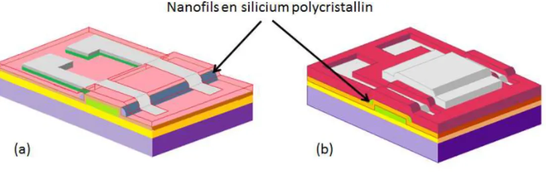 Figure 15:  Transistors à effet de champ à base de nanofils de silicium polycristallin en structure  (a) bottom gate et (b) top gate