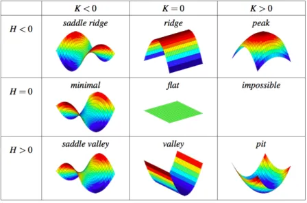 Figure 5.3. Types de formes en un point d’une surface, selon les courbures moyenne et gaussienne.