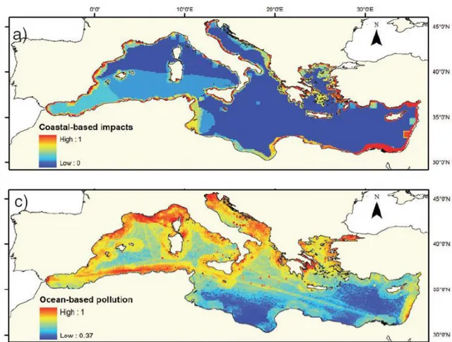 Figure  1-4 Human threats with potential impact on marine biodiversity in the Mediterranean Sea: (a) coastal- coastal-based  impacts,(cumulative  effects  from  inorganic  and  organic  coastal  pollution,  nutrient  runoff  and  hypoxia,  aquaculture acti