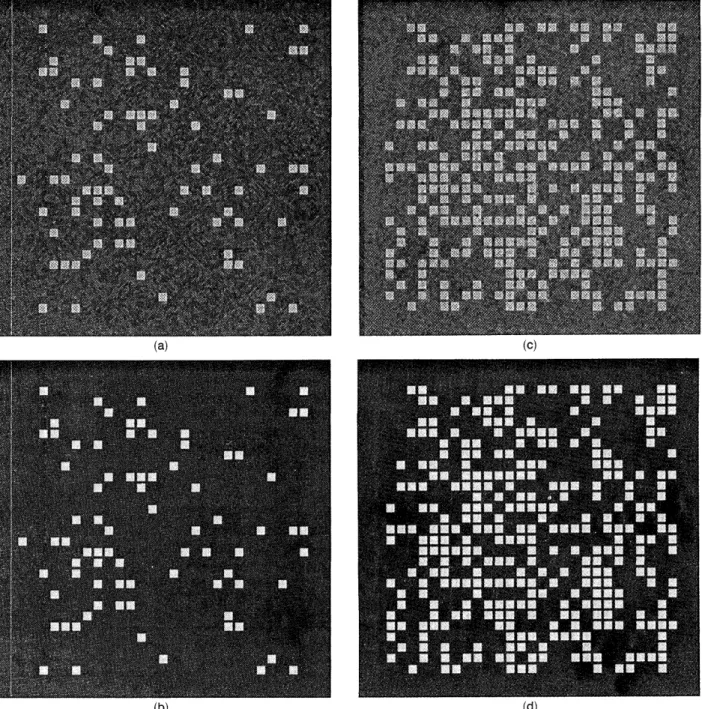 Fig. 7.  Simulations  of reconstructed  intensity distributions  by use of one  hologram encoded  with 256  x 256 pixels  (a) before  and (b)  after thresholding  by  the  photodiode  array