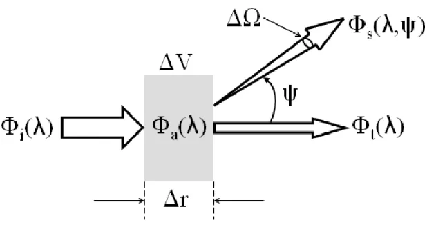 Figure 1.5. Schéma représentatif des processus d’absorption, de diffusion et de transmission [Mobley, 1994a].