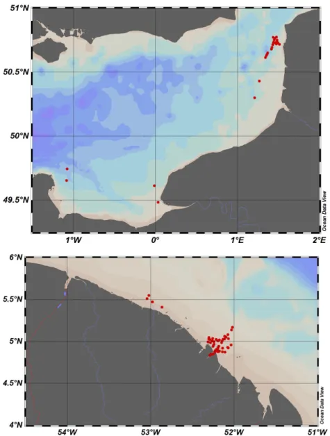 Figure 3.1. Cartes des localisations des stations de mesures radiométriques en Manche orientale (en haut) et Guyane Française (en bas).