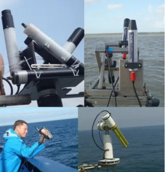 Figure 3.1: Pictures from the HyperSAS instrument used at the Ocean Optics Summer School 2011 (top left), the above-water TriOS RAMSES used during the FG12 campaign (top right), the ASD instrument used during the MV1102 campaign (bottom left), and the SeaP
