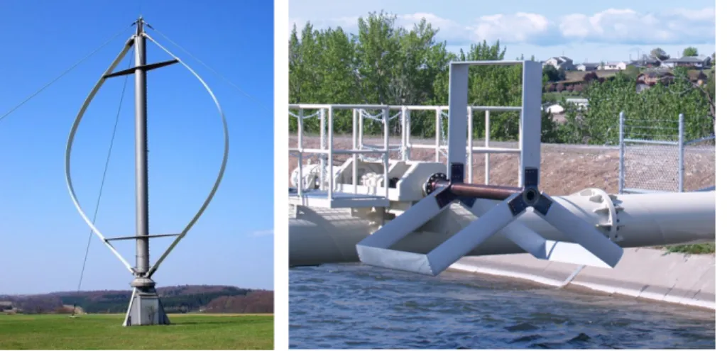 Figure 0.4 – Éolienne du laboratoire Sandia (gauche) et hydrolienne (en position de maintenance) de la société Instream Energy Systems (droite) à axe vertical