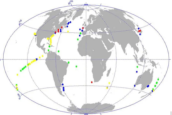 Figure 4.7. Distribution géographique des échantillons gardés pour la validation des résultats (en  bleu les nanoeucaryotes, en vert Prochlorococcus, en Jaune SLC et en rouge les diatomées) 