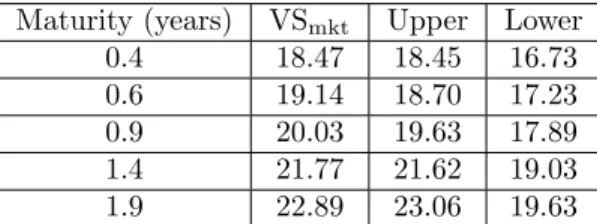 Table 1.2: Implied volatility for discrete-monitored variance swap as a function of the maturity.