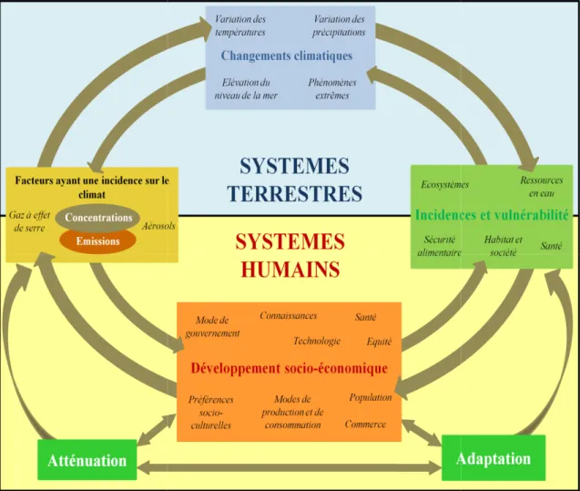 Figure I-5. Représentation schématique des interactions entre les facteurs humains de l’évolution du  climat, les effets sur le changement climatique et les réponses apportées.