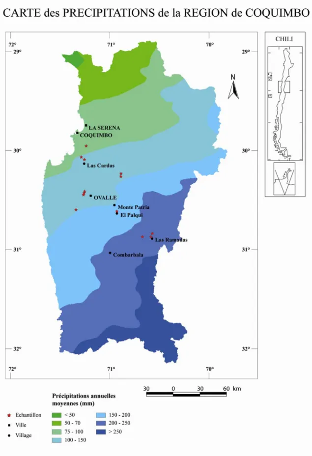 Figure 1.9. Carte des précipitations annuelles de la région de Coquimbo. 