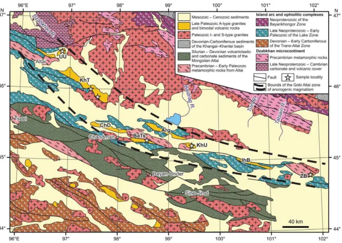 Figure 1-15 : Carte géologique simplifiée du Gobi-Altaï (modifiée d'après la carte géologique du MPR  au 1 : 2 500 000, 1989) d'après Kozolovsky et al