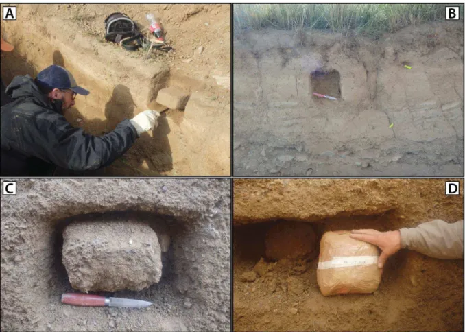 Figure 2-15 : Echantillonnage par bloc OSL. A. Site de Rain Creek tranchée 2 (WBF), B