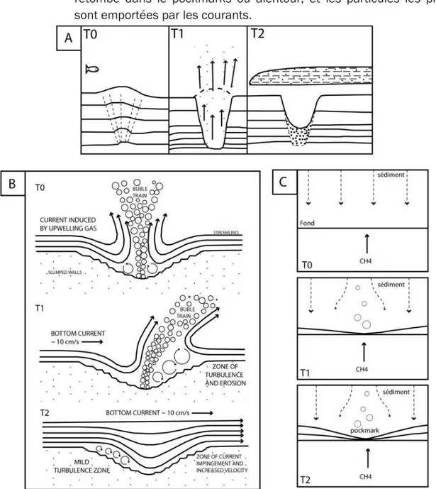 Figure 1 : Schéma illustrant plusieurs modèles de formation des pockmarks. A. Hovland &amp; Judd  (1988), B