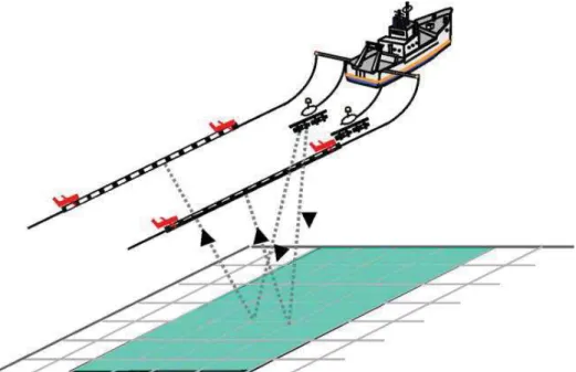 Figure 27 : Schéma du dispositif d’acquisition de données sismiques HR,  sur un navire hauturier (deux flûtes sismiques/ deux sources sismiques) 