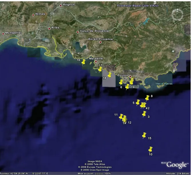 Figure 3-6 : Stations de mesures de l'Atalante durant la campagne MIRAMER 2008 (carte Google Earth) 